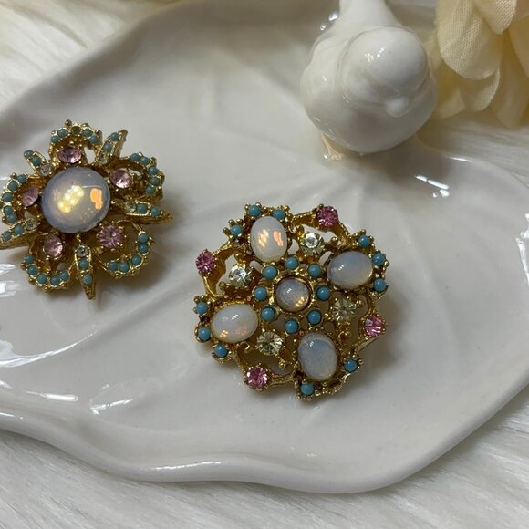 MOONSTONE & MULTI-COLORED RHINESTONE BROOCH PAIR - Picture 2 of 7